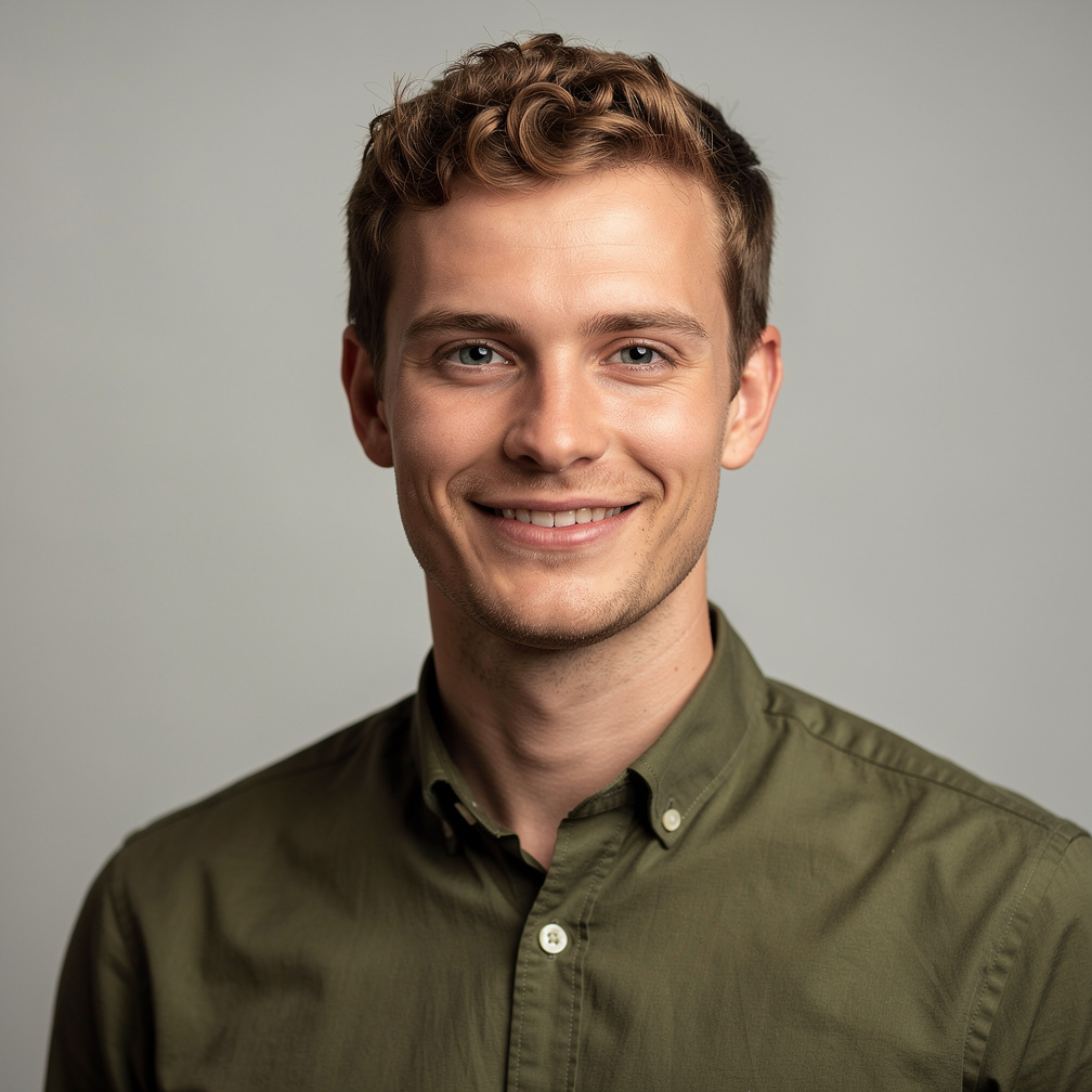 Studio portrait of a European man with curly hair