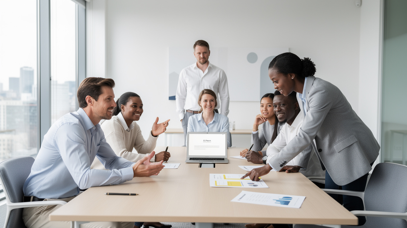 Diverse colleagues discussing notes around a laptop in a bright meeting room